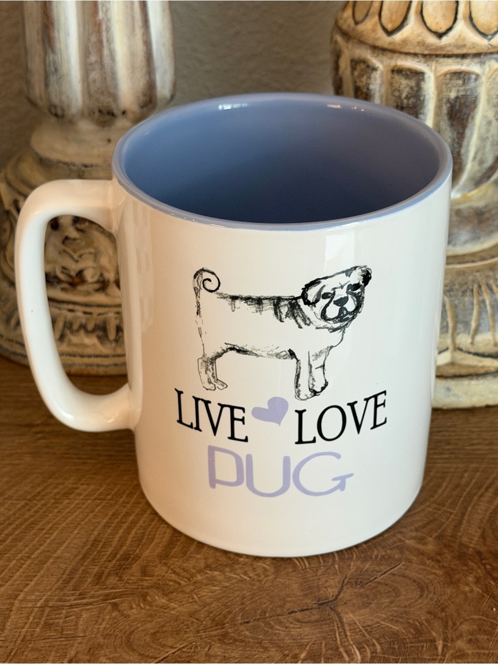 Live Love Pug Ceramic Mug - White with Light Purple Interior